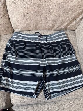 Surfside Supply Navy and White Striped Swim Shorts